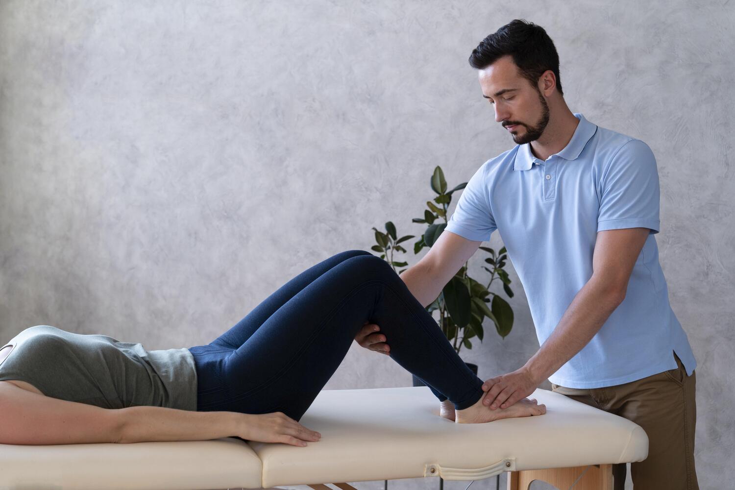 Close up Man Positioning Patient Legs at Core Concept