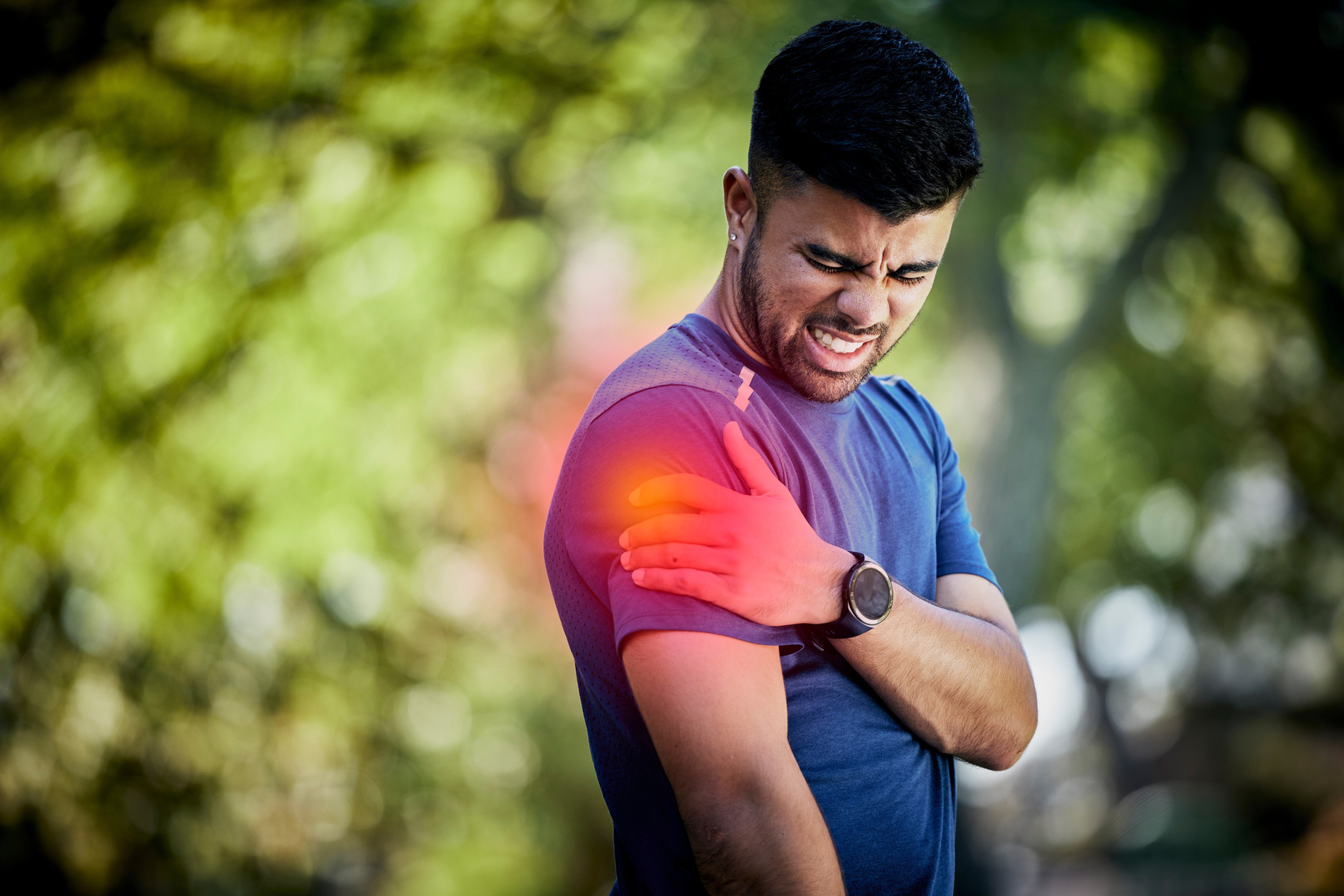 man exercise outdoor with sports injury joint pain health problem nature park run fitness person with hand arm muscle after accident workout training fail at Core Concept